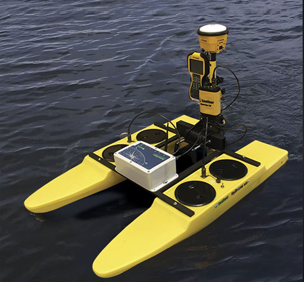 Our custom built RTK drone used for bathymetric (underwater) surveying.